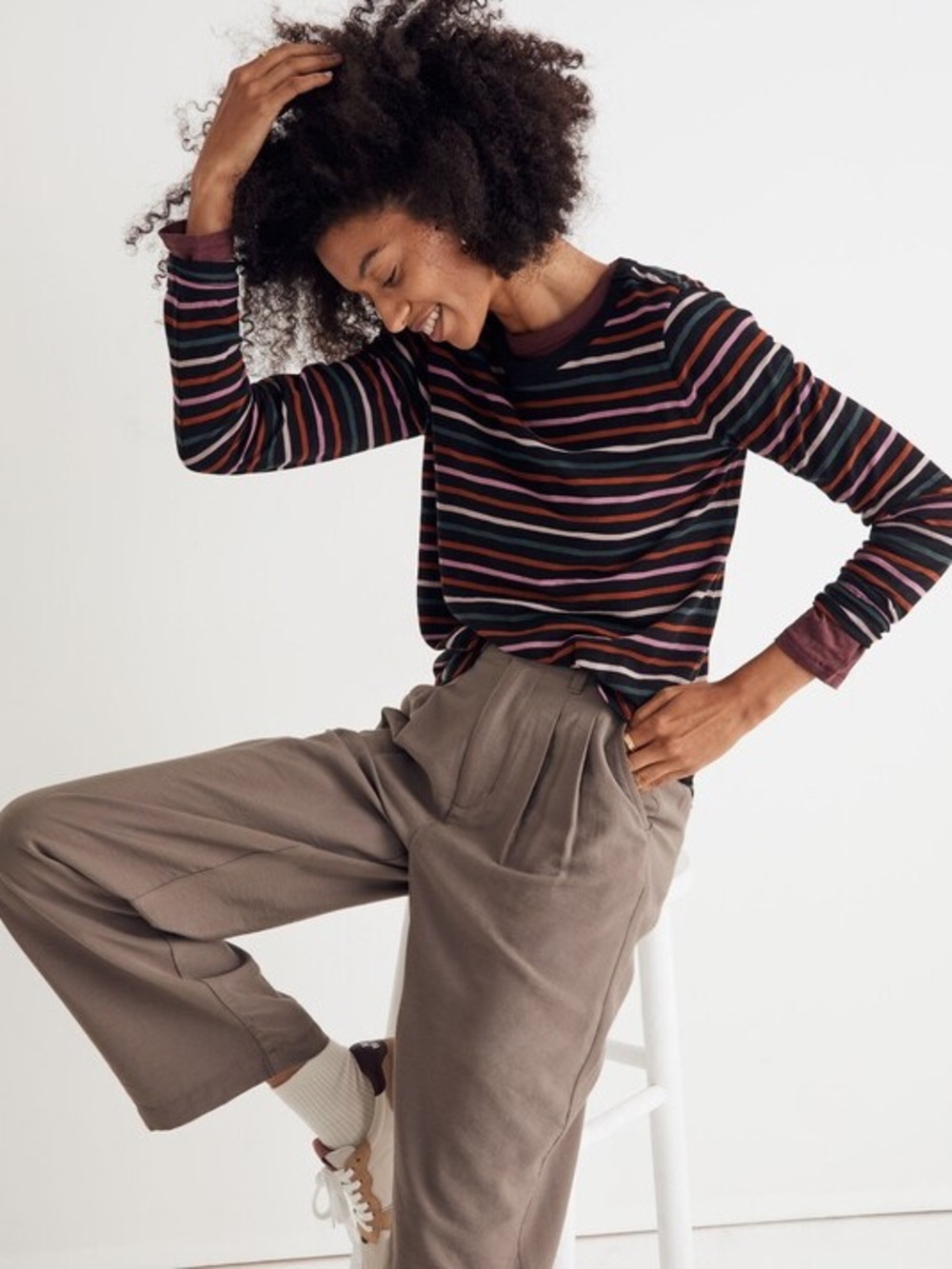 Madewell Whisper Cotton Rib Crewneck Stripe Long Sleeve Tee | True Black | XS - Picture 2 of 8